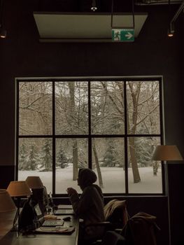 A serene library setting with a snowy landscape view, creating a tranquil workspace atmosphere.