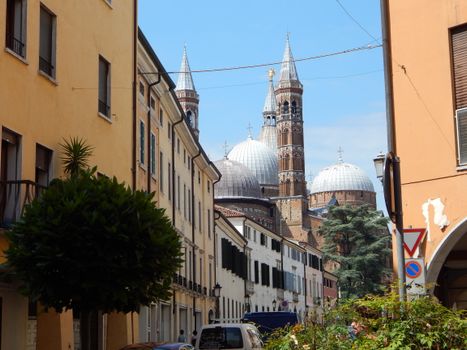 Charming street view of the Basilica di Sant'Antonio domes in Padua, Veneto, Italy.