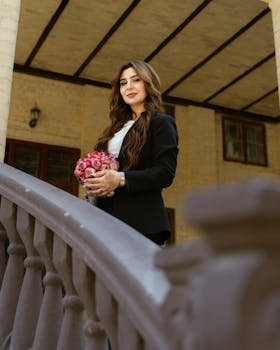 An elegant woman in a black outfit holding pink roses on ornate stairs, exuding sophistication.