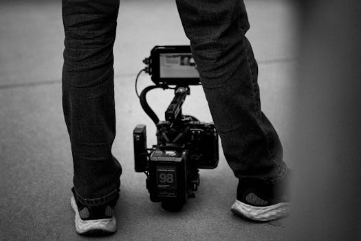 Black and white photo of a filmmaker standing with a professional camera on the floor.