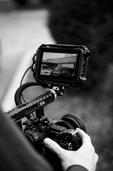 Cinematic black and white photo of a filmmaker adjusting a camera rig outdoors. Creativity in filmmaking.