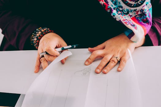 Close-up of hands sketching on paper with a pen, colorful scarf visible.