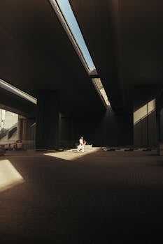 A lone figure walks under a concrete overpass, highlighted by dramatic shadows.