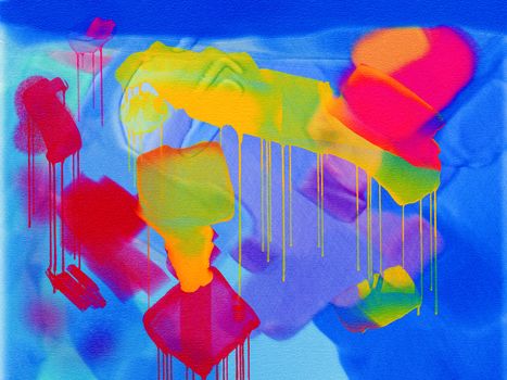 Vivid abstract art with drips and splashes of bright colors on canvas.
