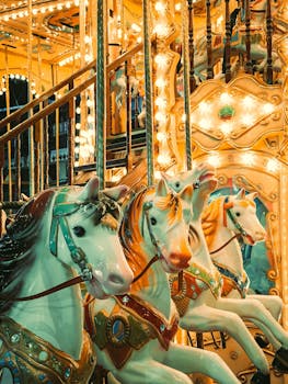A vibrant carousel ride glowing at night, capturing nostalgic fairground magic in Brazil.