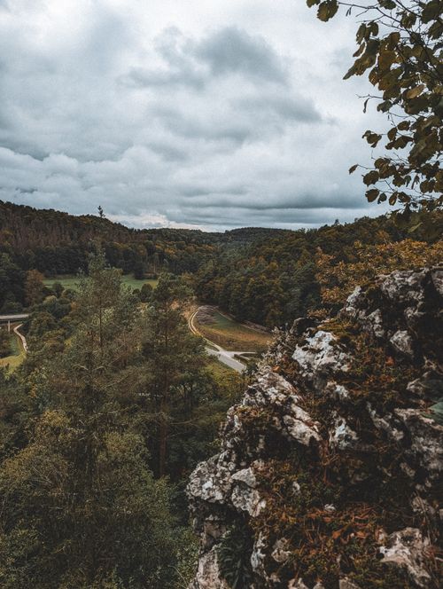 Free A beautiful view of a lush forest valley under cloudy skies. Perfect for nature lovers. Stock Photo