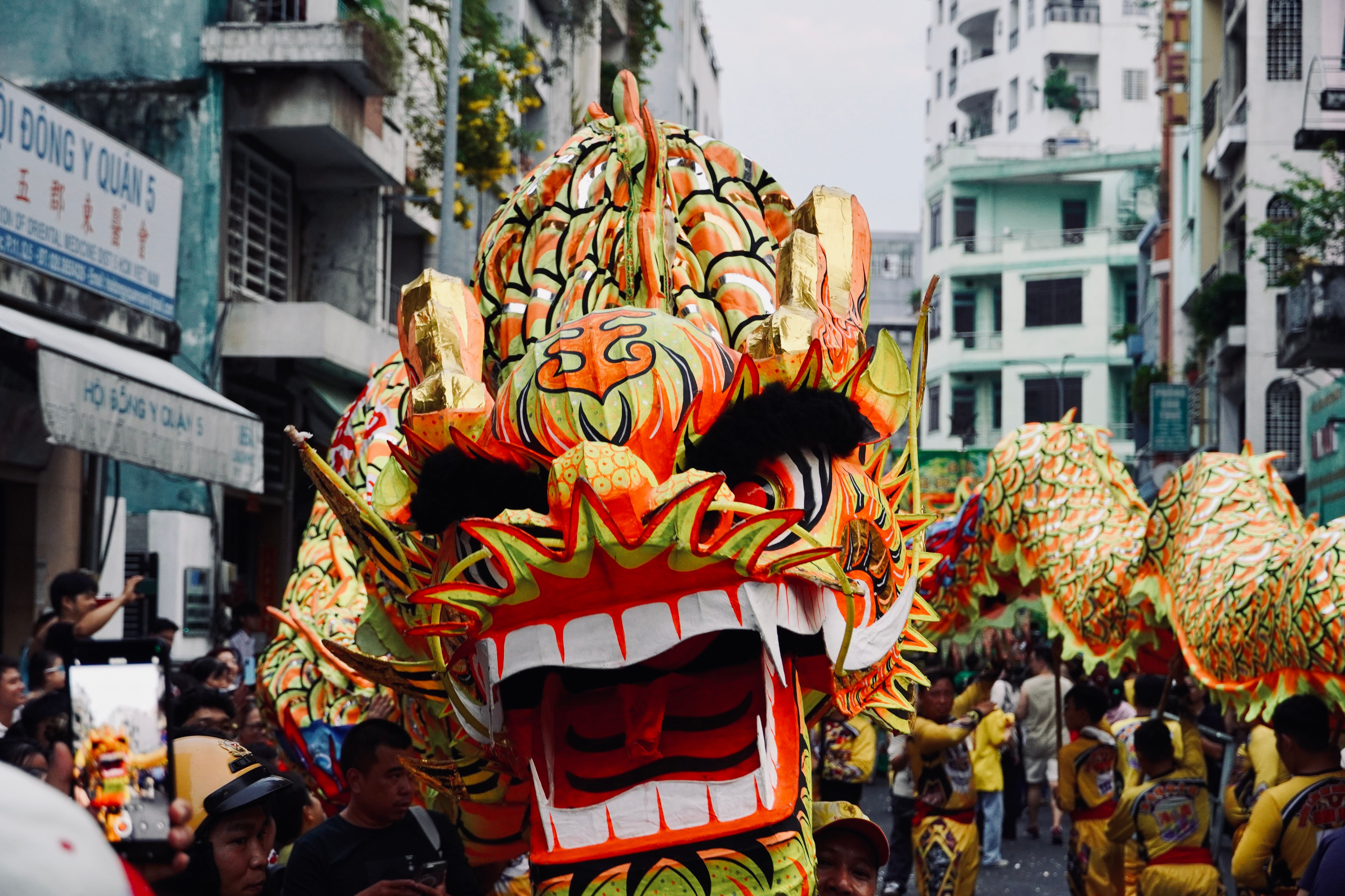 Vibrant Dragon Dance at Street Festival · Free Stock Photo
