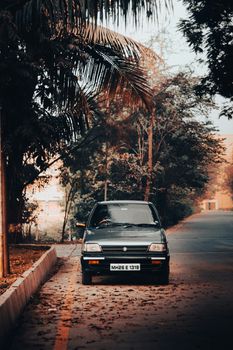 A classic car parked on an autumn street in India, surrounded by trees and fallen leaves.