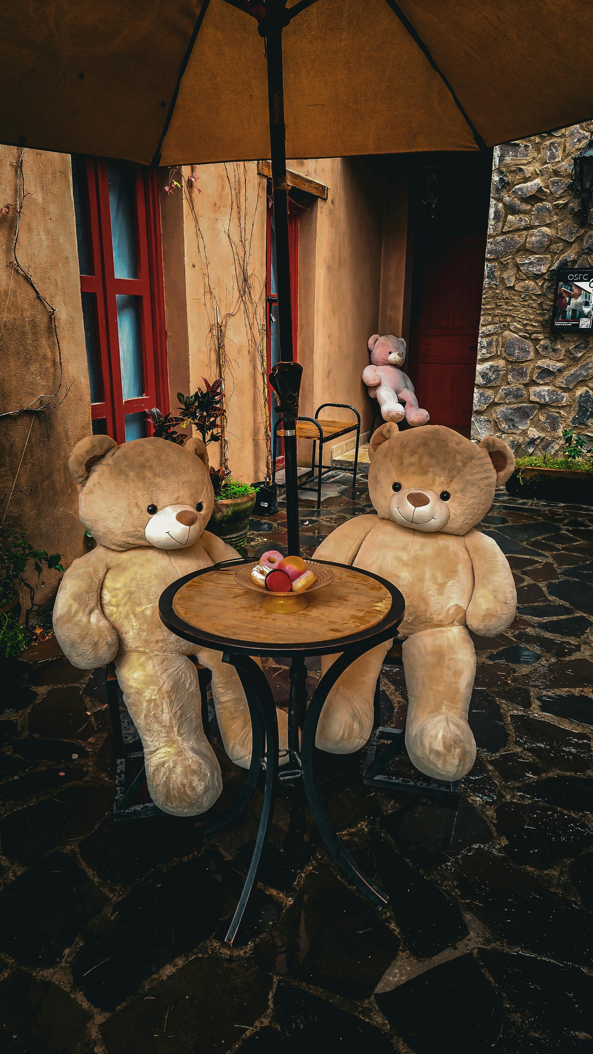 cozy cafe scene with plush teddy bears