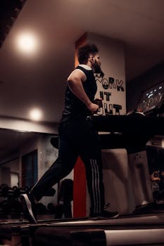 Focused man running on treadmill at gym, inspiring fitness and health.