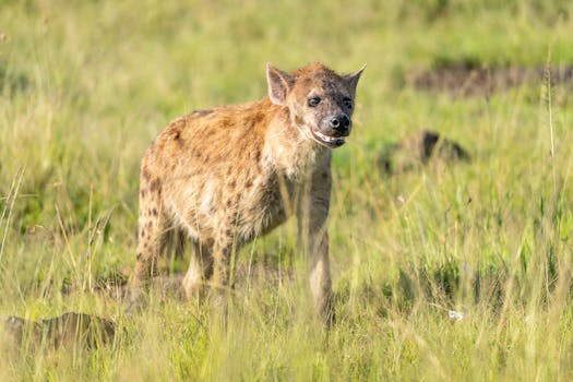A spotted hyena stands alert in the lush Kenyan savannah under daylight.