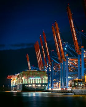 A large container ship docked at Hamburg's port, illuminated against the night sky.