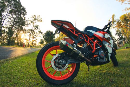 Free Dynamic angle of a red and black sports bike on a grassy field at sunset, capturing the essence of outdoor adventure. Stock Photo