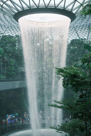 Towering indoor waterfall in greenery — photo by Joanie xie on Pexels