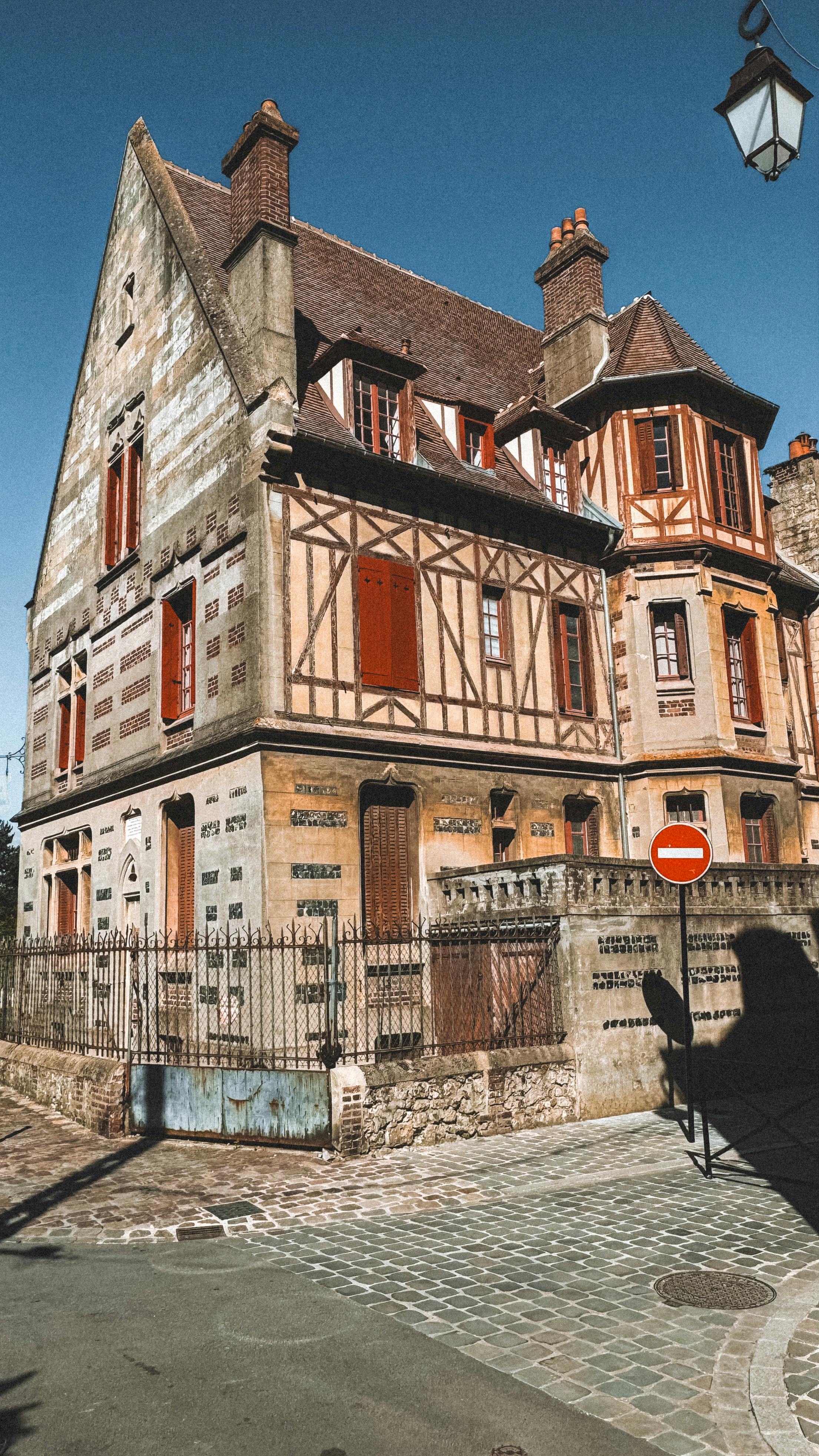 charming medieval half timbered house in sunlight