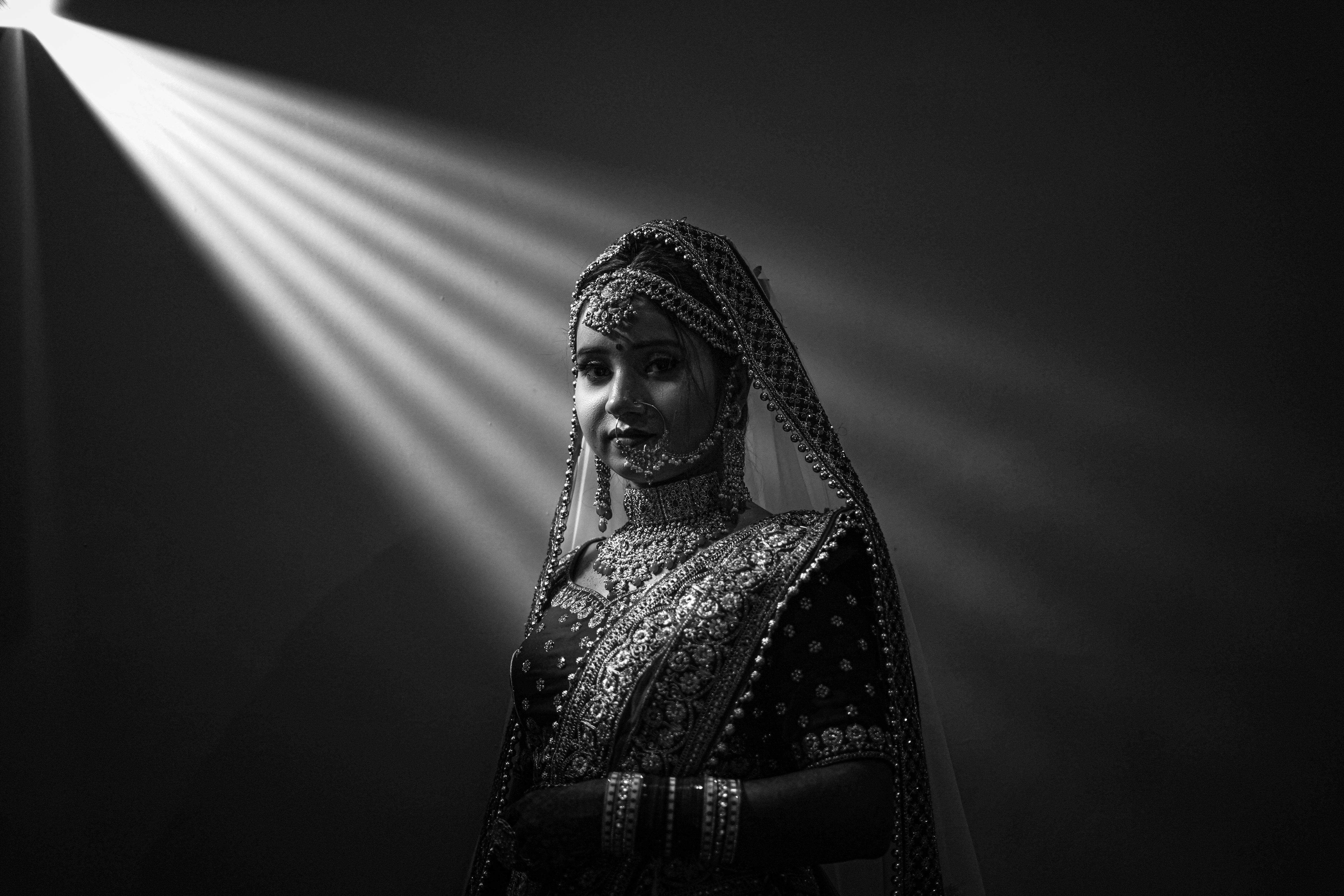 Dramatic Portrait of Indian Bride in Black and White · Free Stock Photo