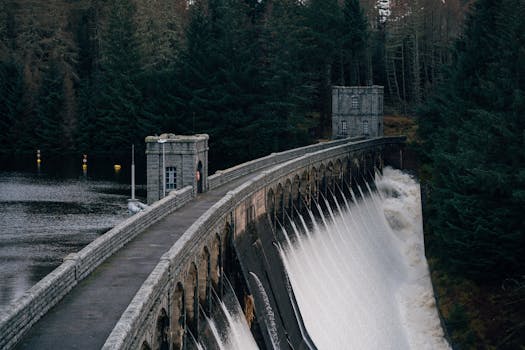 Stunning view of the Pitlochry Dam in Scotland with water cascading, surrounded by lush forests.