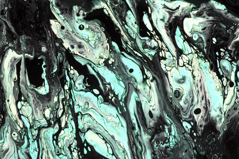 Dynamic black and teal abstract fluid art, showcasing intricate patterns and textures.