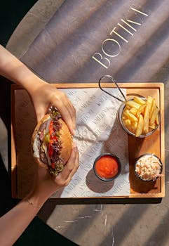 A delicious gourmet burger with fries at Botika restaurant. Perfect culinary delight.
