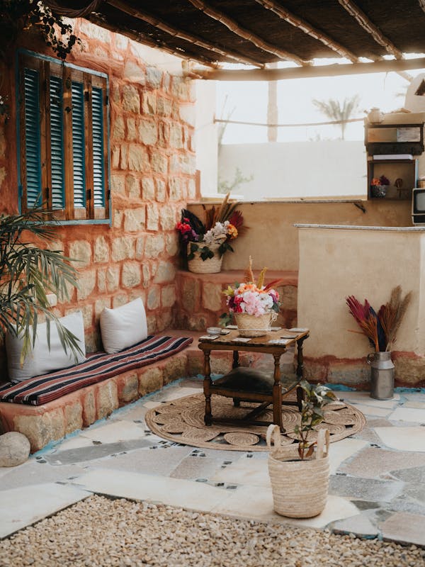 Large rug on a spacious decorated outdoor patio
