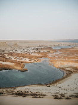 Breathtaking aerial view of a serene lake surrounded by Egypt's vast desert landscape.