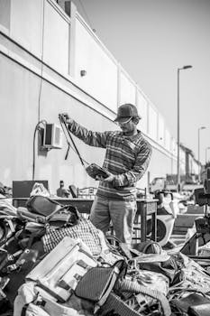 一名男子在户外车库拍卖会上，正翻找成堆的物品检查商品