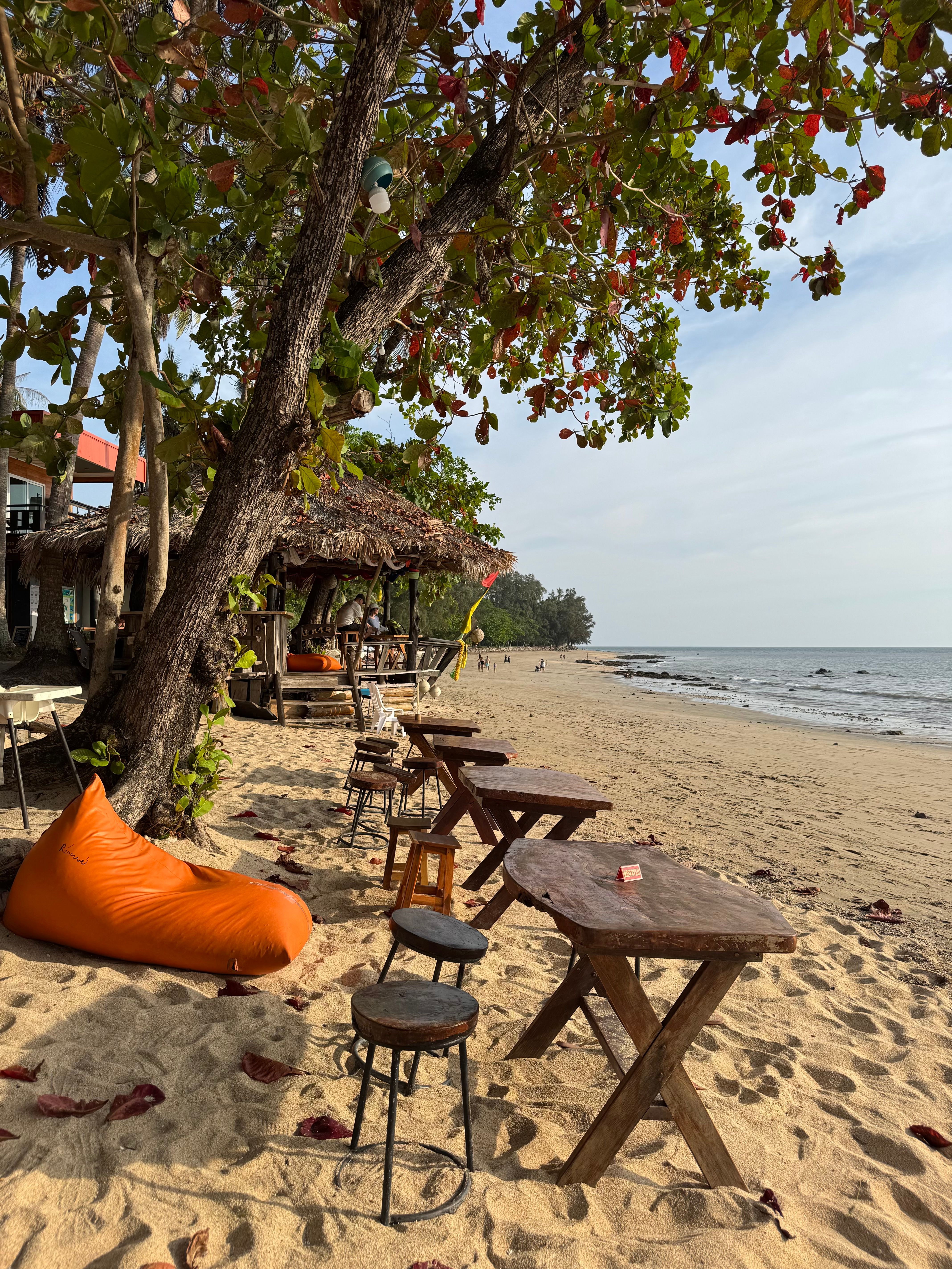 Relaxing beachside cafe with rustic tables and ocean view, perfect vacation spot.