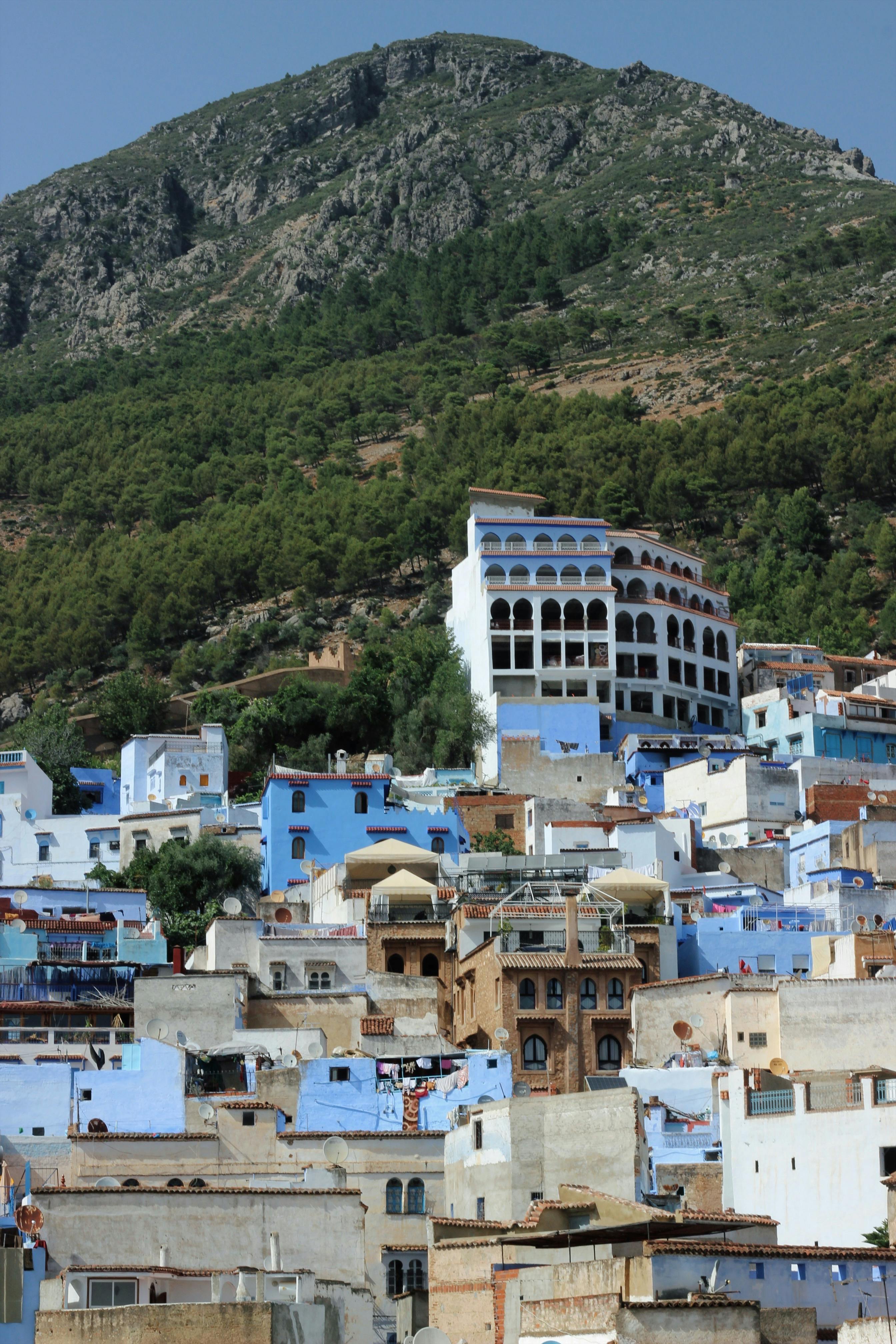 Explore the iconic blue architecture of Chefchaouen set against a lush mountain backdrop.