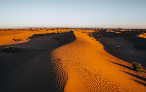 Golden sand dunes of the Sahara desert at dusk Morocco