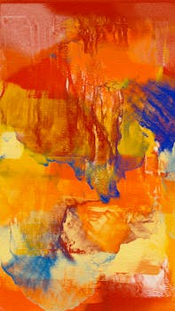 Dynamic abstract expressionist artwork with vibrant warm colors and bold textures.