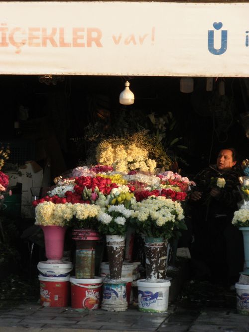 Free A colorful array of flowers at an Istanbul market stall, bathed in warm sunlight. Stock Photo