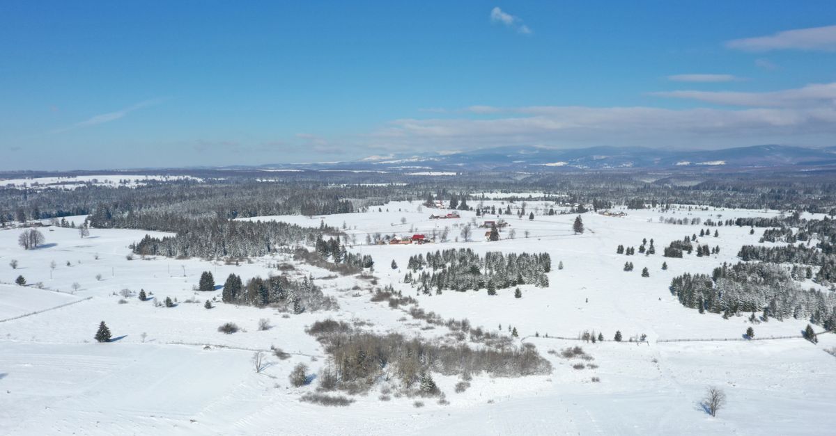 Aerial view capturing the snow-covered landscape of Fântâna Brazilor in Romania during winter.