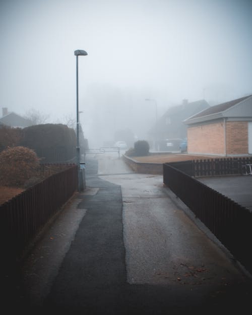 Houses Near An Empty Road On A Foggy Day