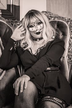 A dramatic portrait of a woman with gothic makeup in Puebla, Mexico.