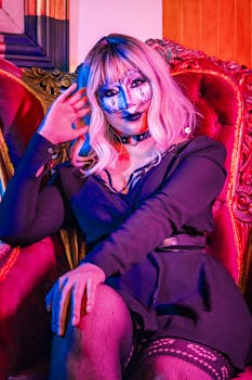 Colorful gothic portrait with dramatic makeup in Puebla's vibrant setting.