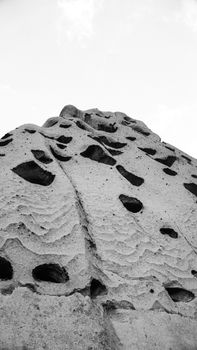 Black and white photo of a unique eroded rock formation in San Carlos de Bariloche, Argentina.