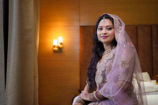 Beautiful Indian bride in traditional attire, captured indoors with warm ambient lighting.