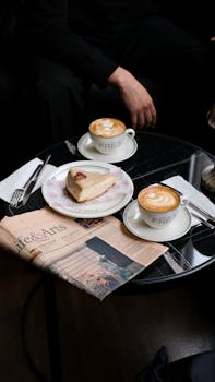 Two cappuccinos and a slice of cake on a table with a newspaper in a cozy cafe.