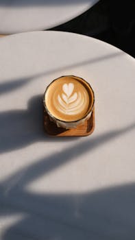 A cup of beautifully crafted latte art on a white table with soft sunlight in İstanbul, Türkiye.
