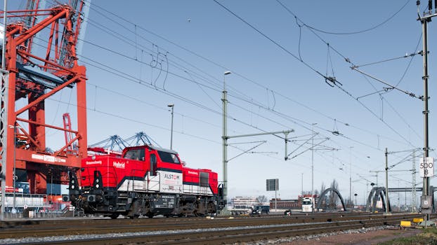 Dynamic image of a cargo train at the Hamburg port, showcasing modern rail infrastructure.