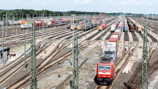 Expansive view of cargo trains at Hamburg's bustling rail terminal.