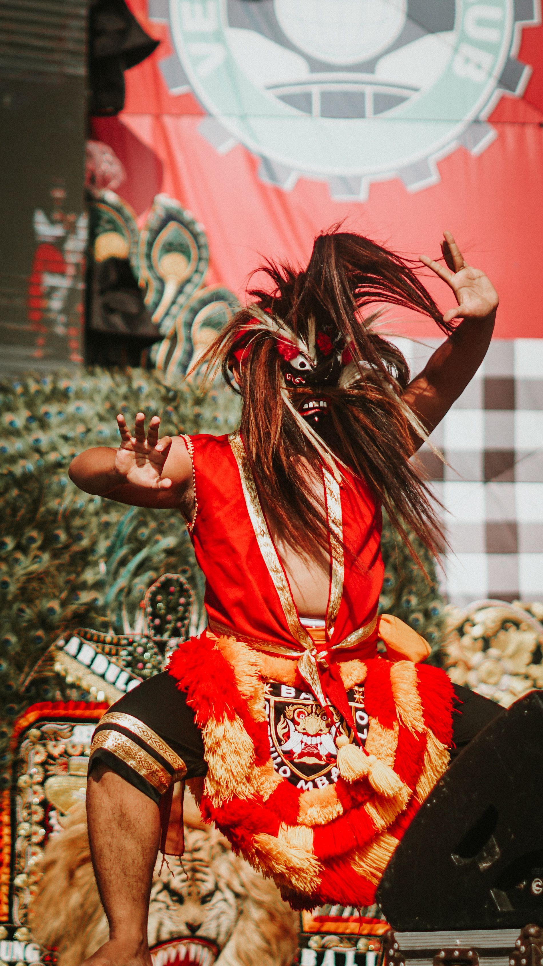 Colorful Reog dance performance in Bali, capturing cultural heritage with elaborate costumes.