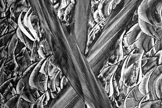 Monochrome abstract painting with intricate texture and patterns.