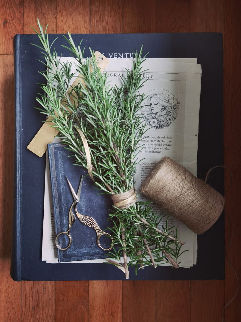 Aesthetic flat lay of rosemary, vintage scissors, twine, and art papers on wooden floor