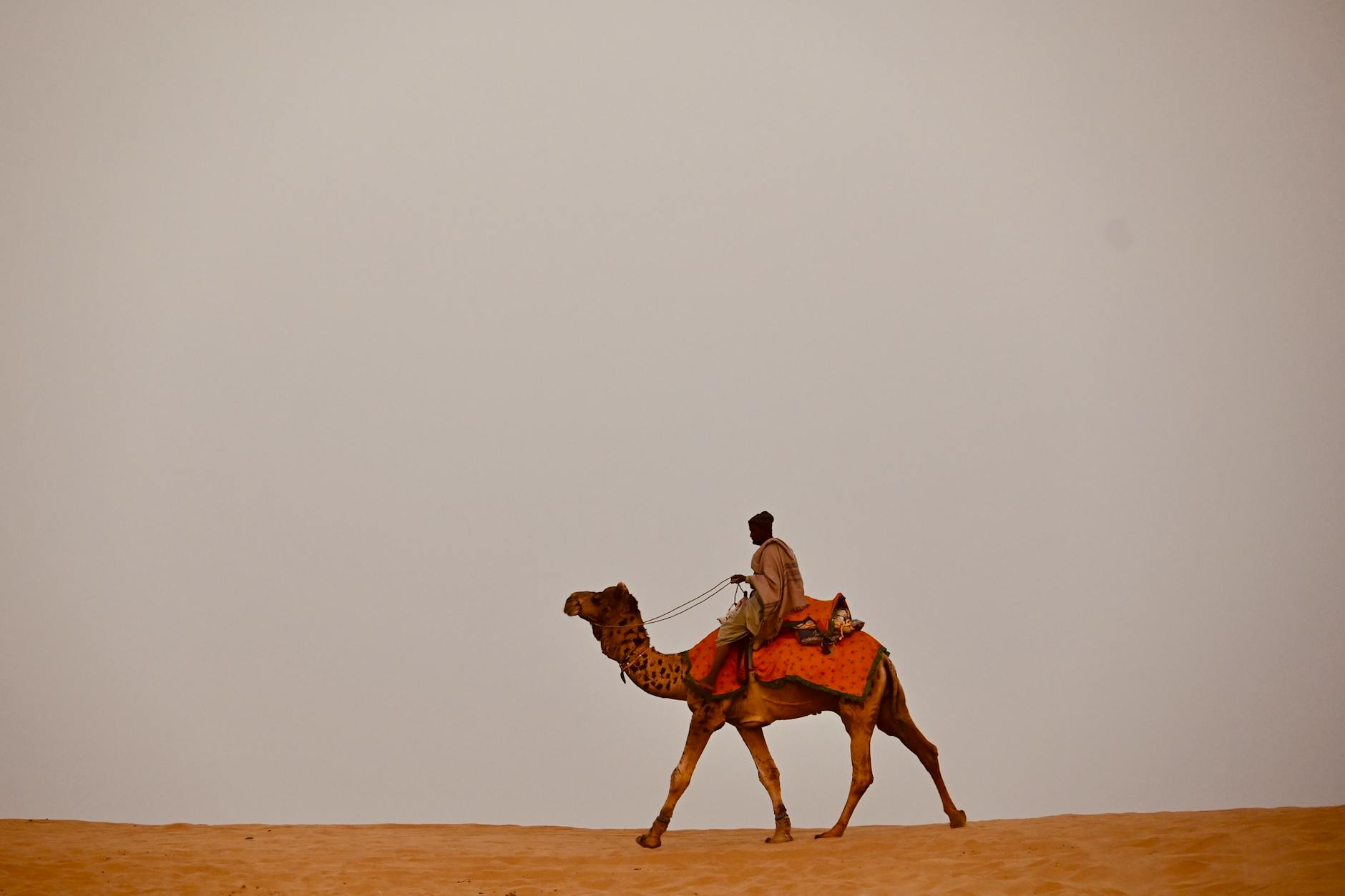 A person rides a camel through the vast desert sands of Jaisalmer, Rajasthan, India.