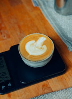 Artistic latte with feather design in a ceramic cup on a wooden table in a Slovakian cafe.