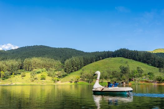 Enjoy a swan boat ride on a tranquil lake surrounded by lush forests and hills under a clear blue sky.