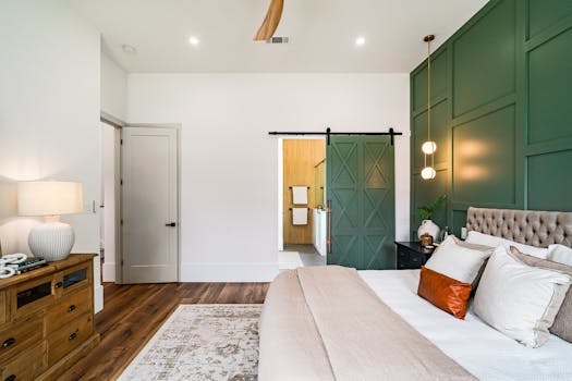 Beautiful modern bedroom with green accent wall and barn door leading to the bathroom.