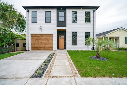 Sleek modern home in New Orleans featuring minimalist architecture and lush landscaping.