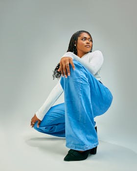 Fashionable woman in casual jeans and white top posing confidently against a neutral backdrop.